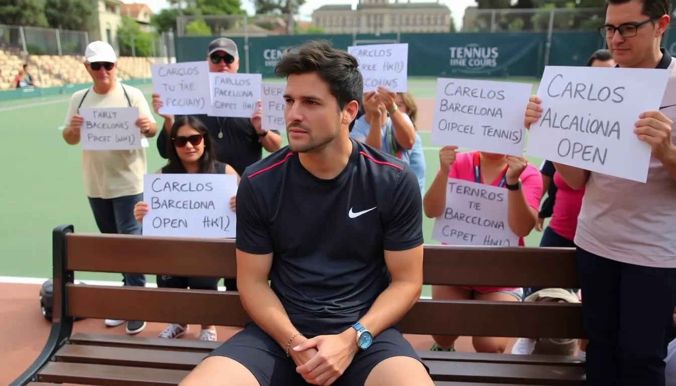 Carlos Alcaraz is seen sitting on a bench with a concerned expression, holding his wrist as he discusses his recent withdrawal from the Barcelona Open due to injury.