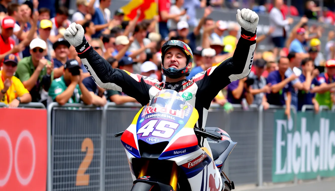 Alex Marquez celebrates his victory on the podium after defeating Marco Bezzecchi, who looks dejected in the background, following a thrilling MotoGP race.