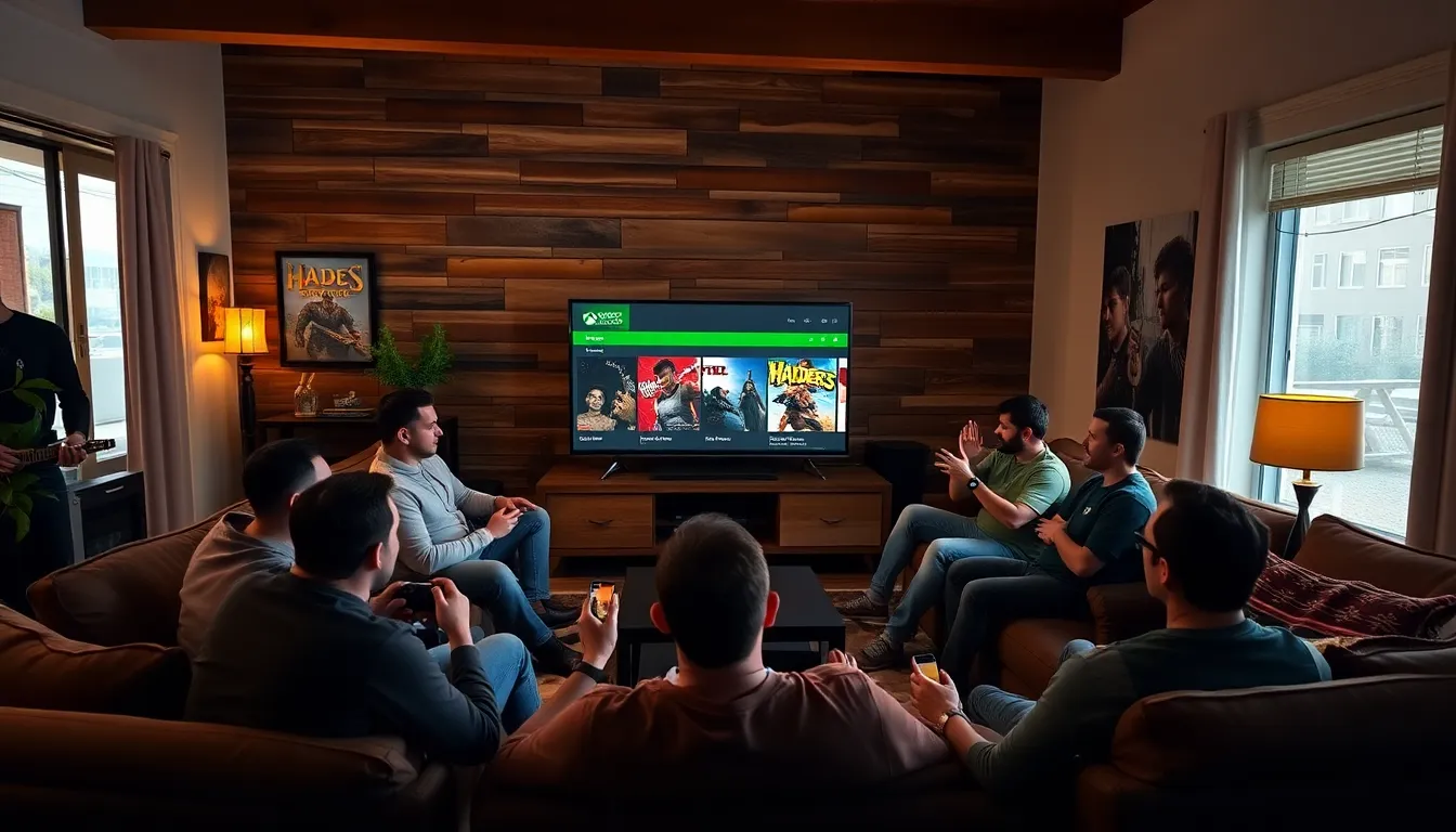 A group of gamers eagerly discusses the latest titles added to the Xbox Game Pass during a lively event at a gaming convention.