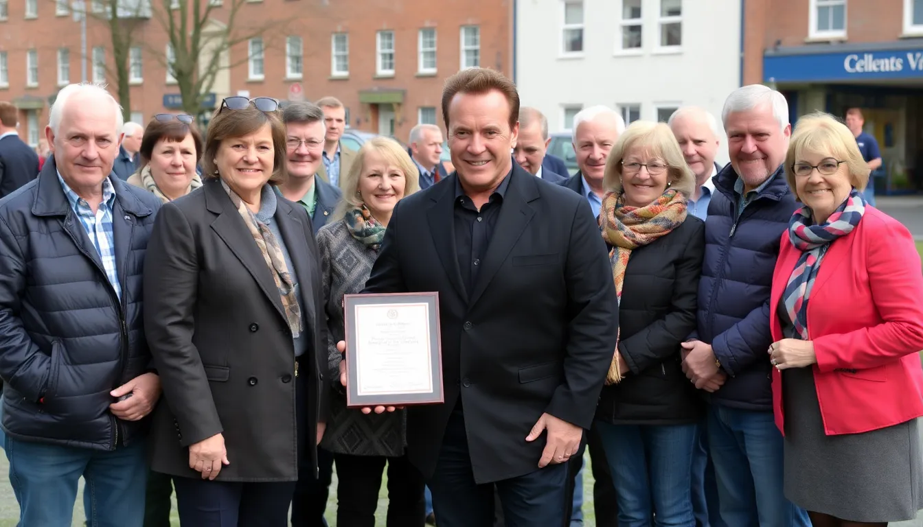 Arnold Schwarzenegger greets enthusiastic fans during a public meetandgreet event in Belfast, highlighting his influence in the entertainment industry and commitment to environmental advocacy.