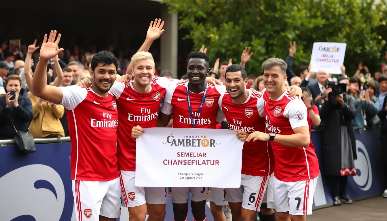 Arsenal players celebrate on the pitch after securing their place in the Champions League semifinals, surrounded by cheering fans in the stadium.