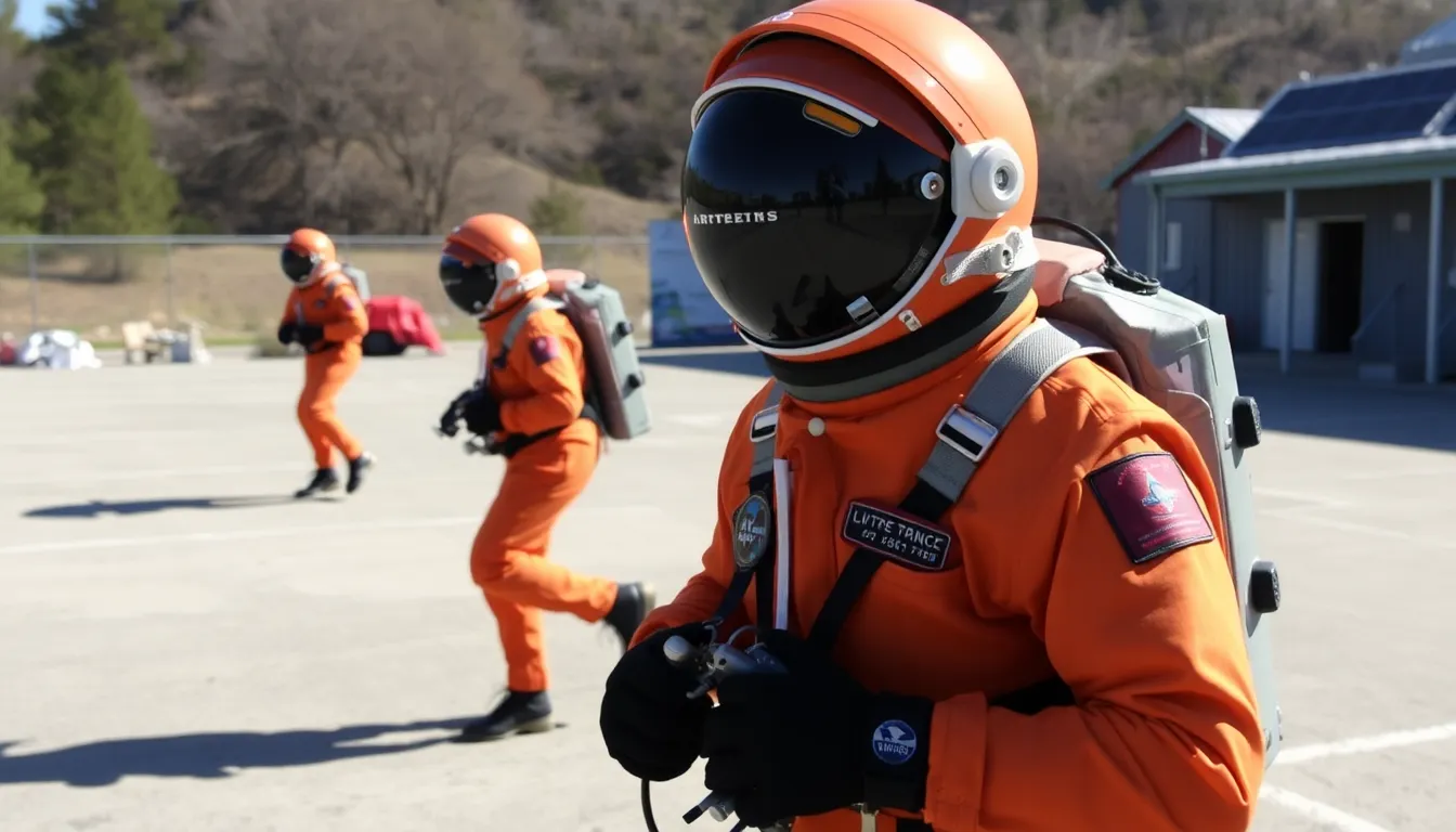 A closeup view of the Advanced Crew Escape Suits, showcasing their advanced features designed for thermal protection and life support