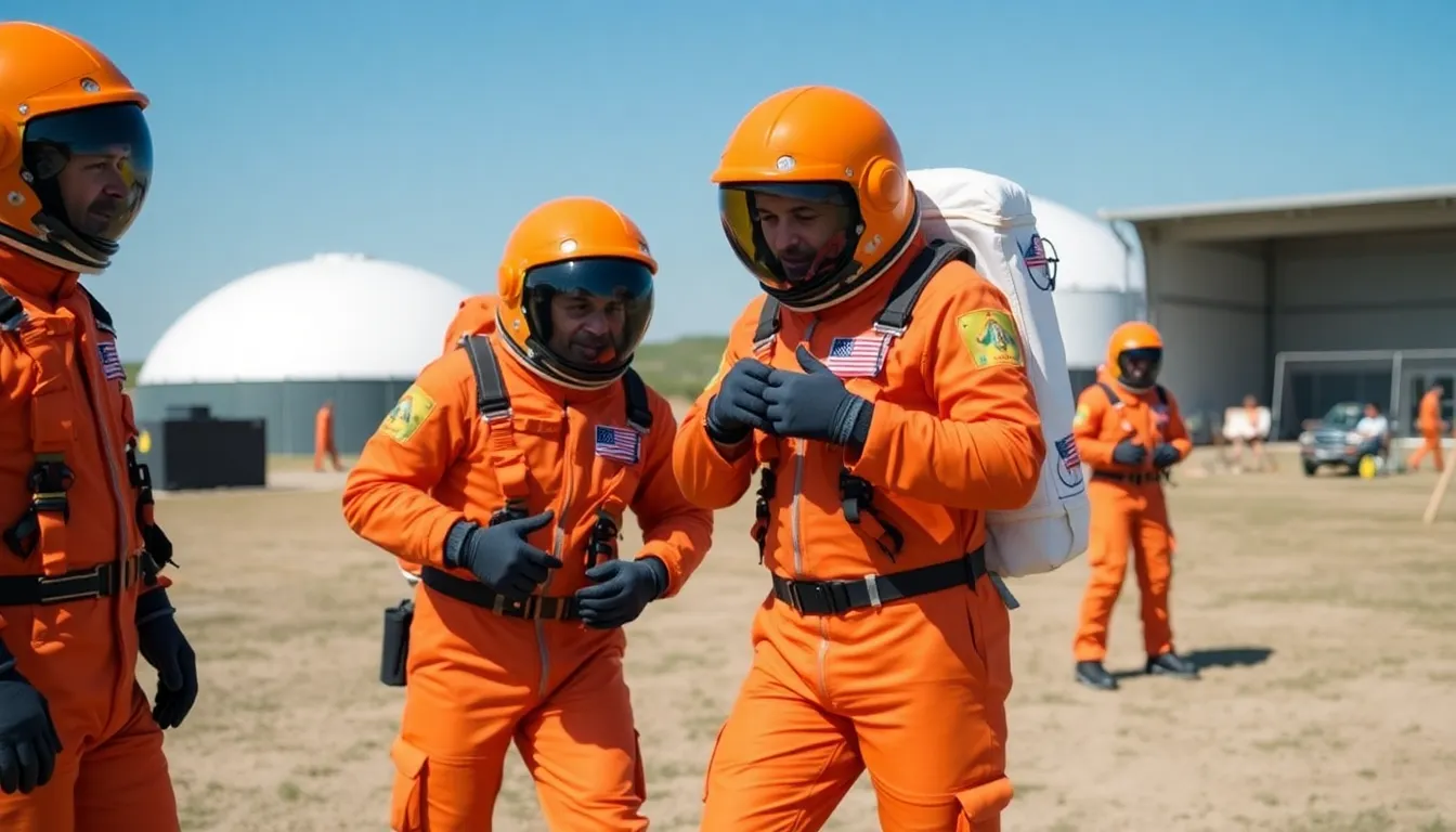 Astronauts in bright orange Advanced Crew Escape Suits stand on the launch pad, preparing for the upcoming Artemis II mission.