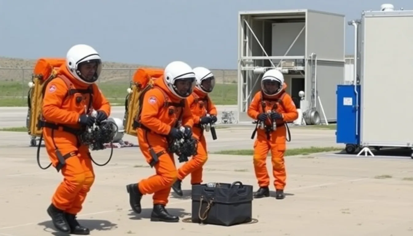 The bright orange color of the suits stands out against the backdrop of a space launch, highlighting NASA's commitment to tradition and innovation