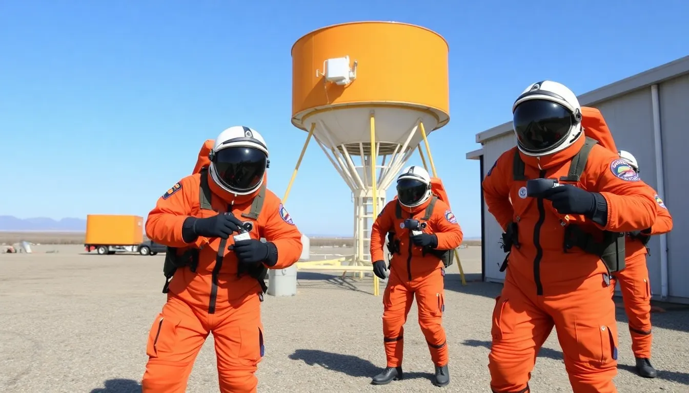 Astronauts in orange suits gather for a team briefing, embodying unity and readiness for the challenges of deep space travel