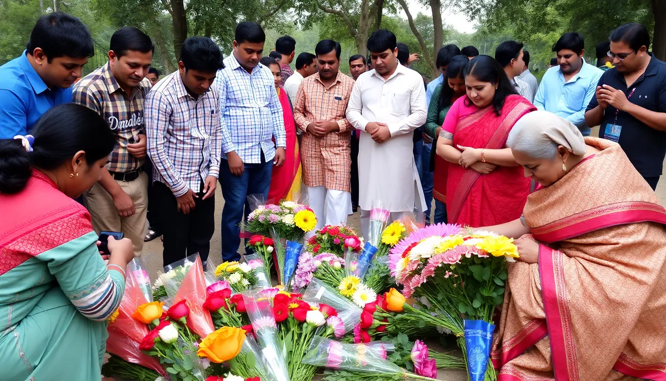 Fans gather outside a music venue holding candles and flowers in tribute to Asha Bhosle, mourning the loss of the legendary playback singer.