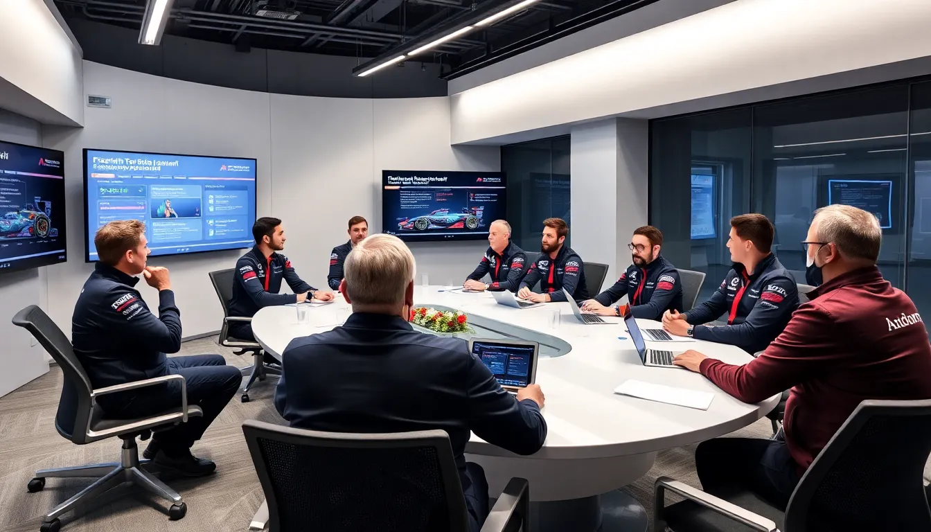 Audi F1 team members gather in a meeting room, discussing strategies and potential candidates for leadership roles following the announcement of Jonathan Wheatley's departure.