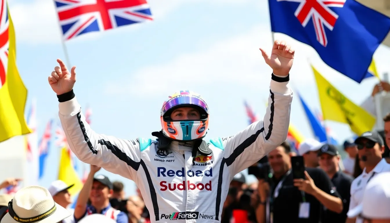 James Dunne celebrates on the podium after finishing third in the Formula 2 season opener at Albert Park Circuit in Australia.