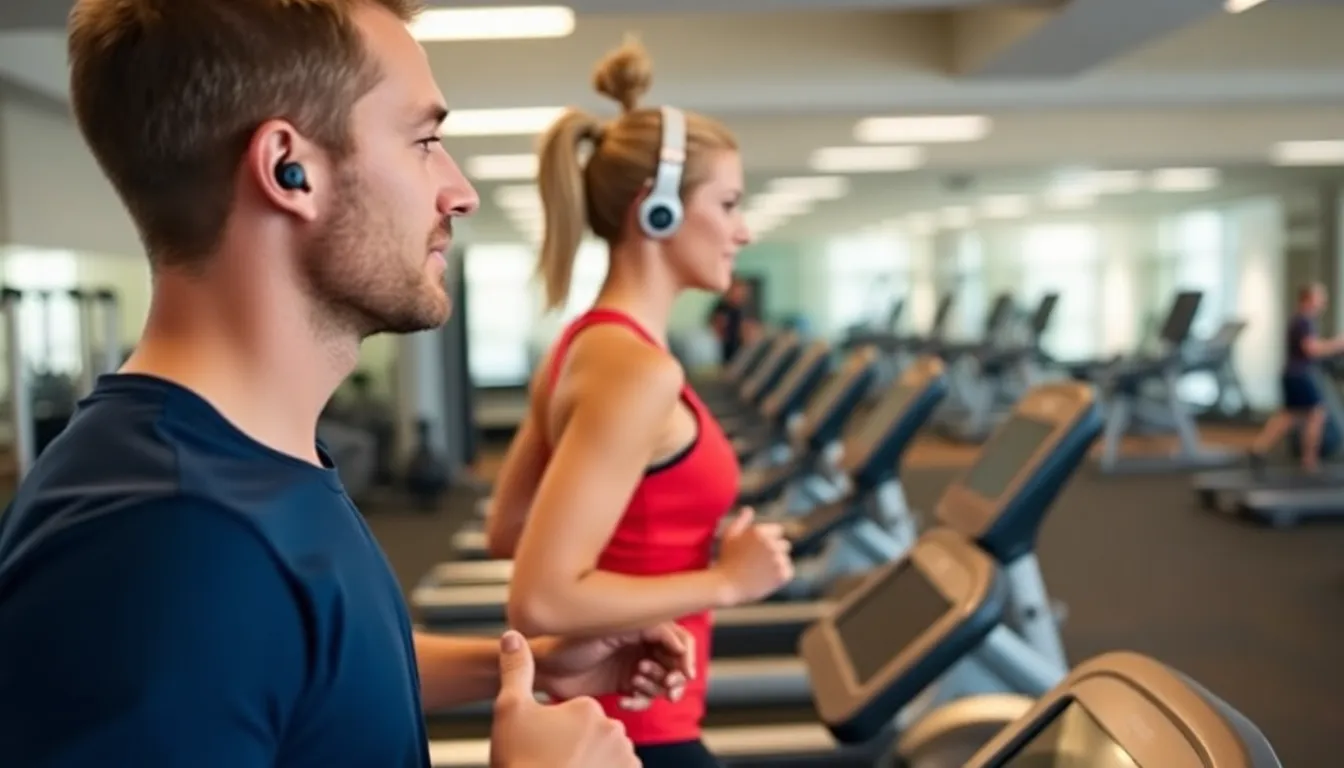 A person wearing Powerbeats Fit earbuds is jogging in a park, showcasing the earbuds' secure fit and sweat resistance during an outdoor workout.