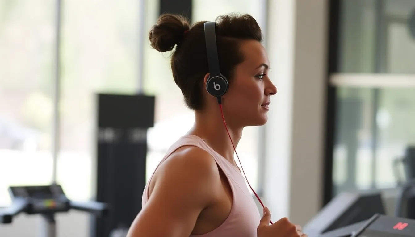 A fitness enthusiast runs outdoors while wearing the Powerbeats Fit, demonstrating the earbuds' secure fit and sweat resistance in an active environment