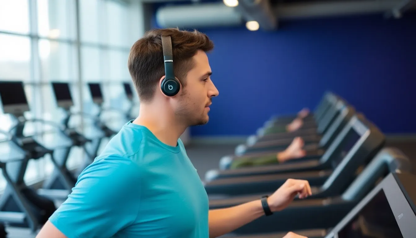 The Powerbeats Fit earbuds are depicted alongside workout gear, emphasizing their role as essential audio companions for fitness routines