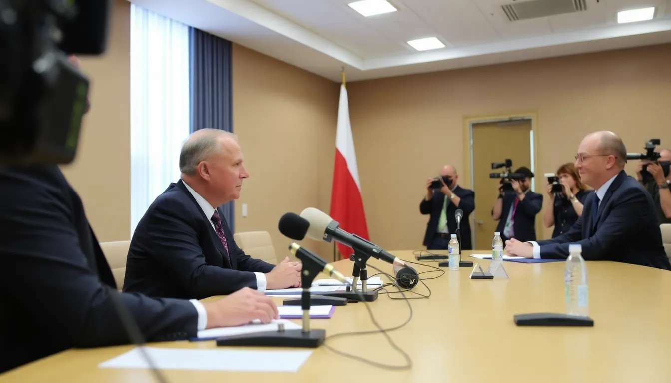 Ten individuals are seen being welcomed by officials in a secure location following a prisoner swap between Belarus and Poland, highlighting a significant diplomatic development amidst regional tensions.