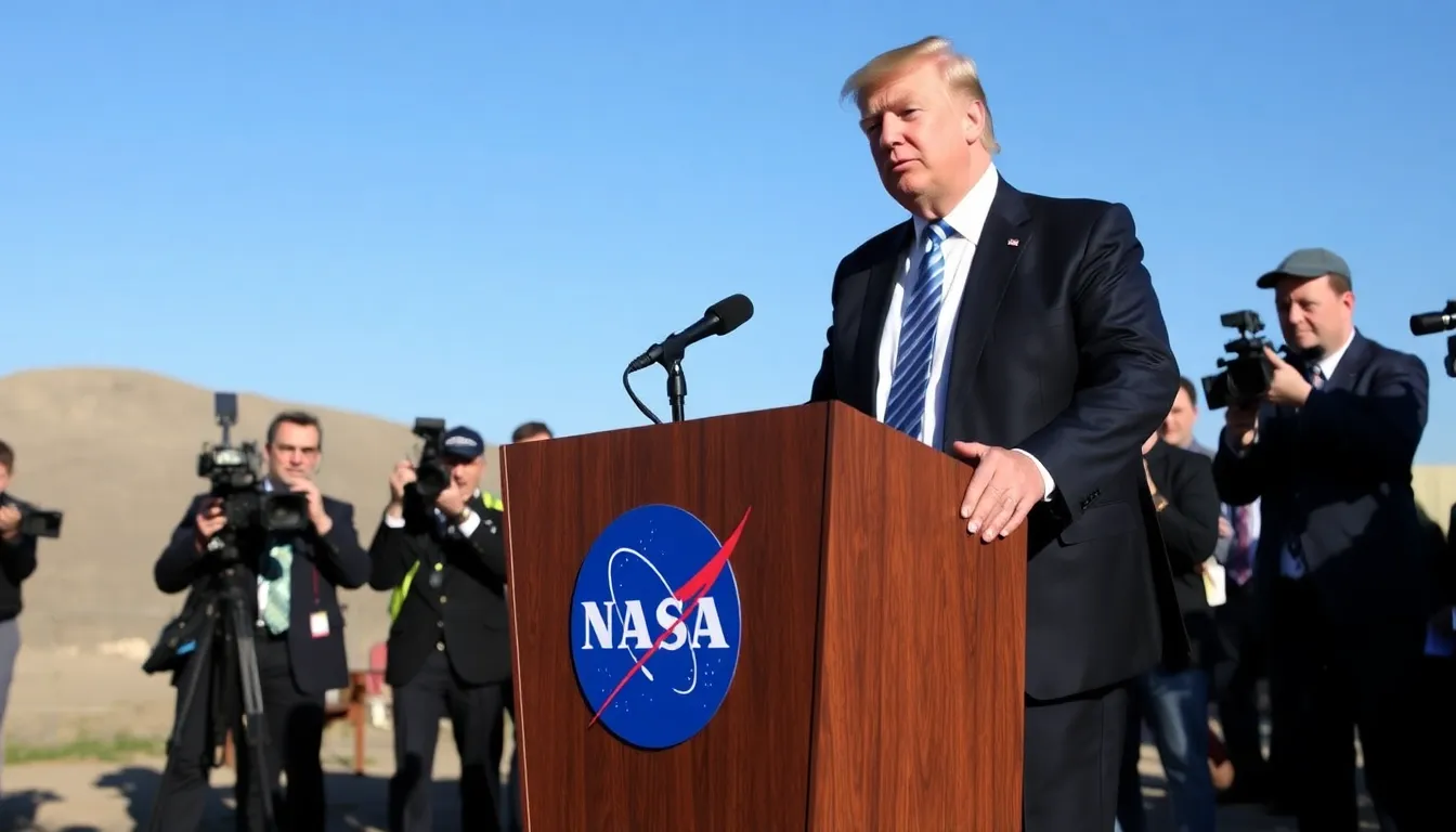 A cartoon depicts Donald Trump gesturing animatedly while standing in front of a lunar landscape, with a speech bubble expressing his critical views on the current administration's space exploration efforts.