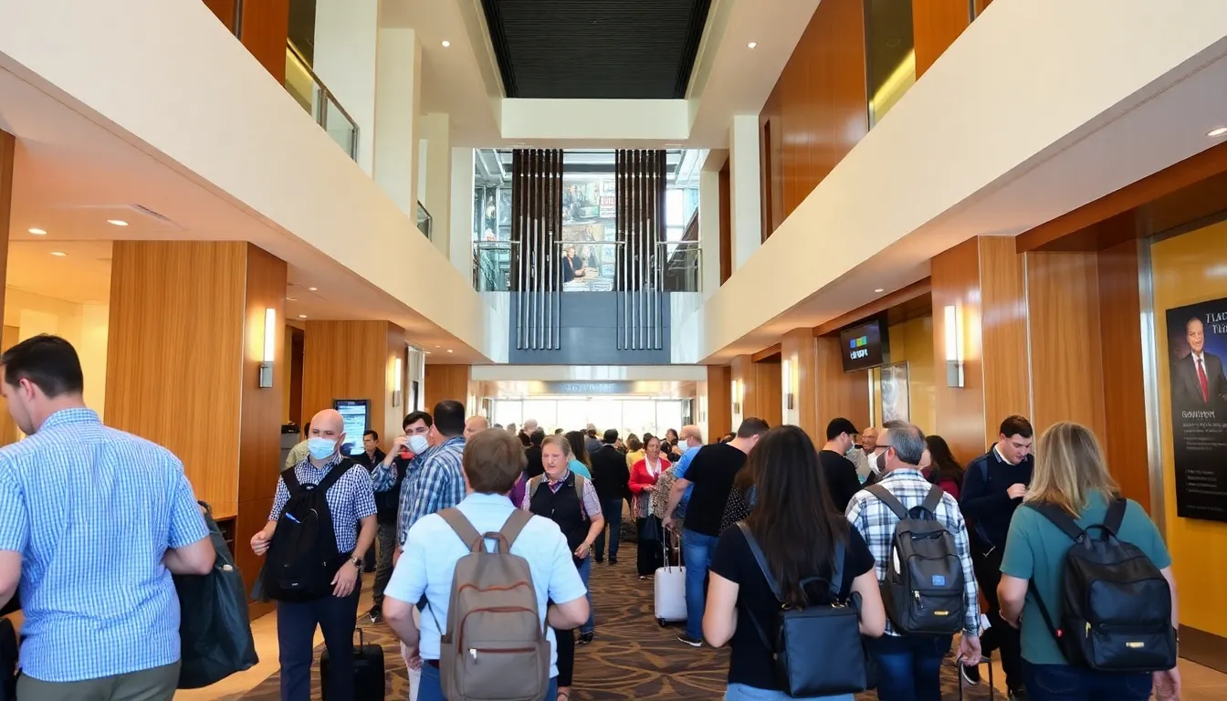 A modern hotel lobby featuring sleek design elements and technologydriven checkin kiosks, highlighting the shift towards enhanced guest experiences