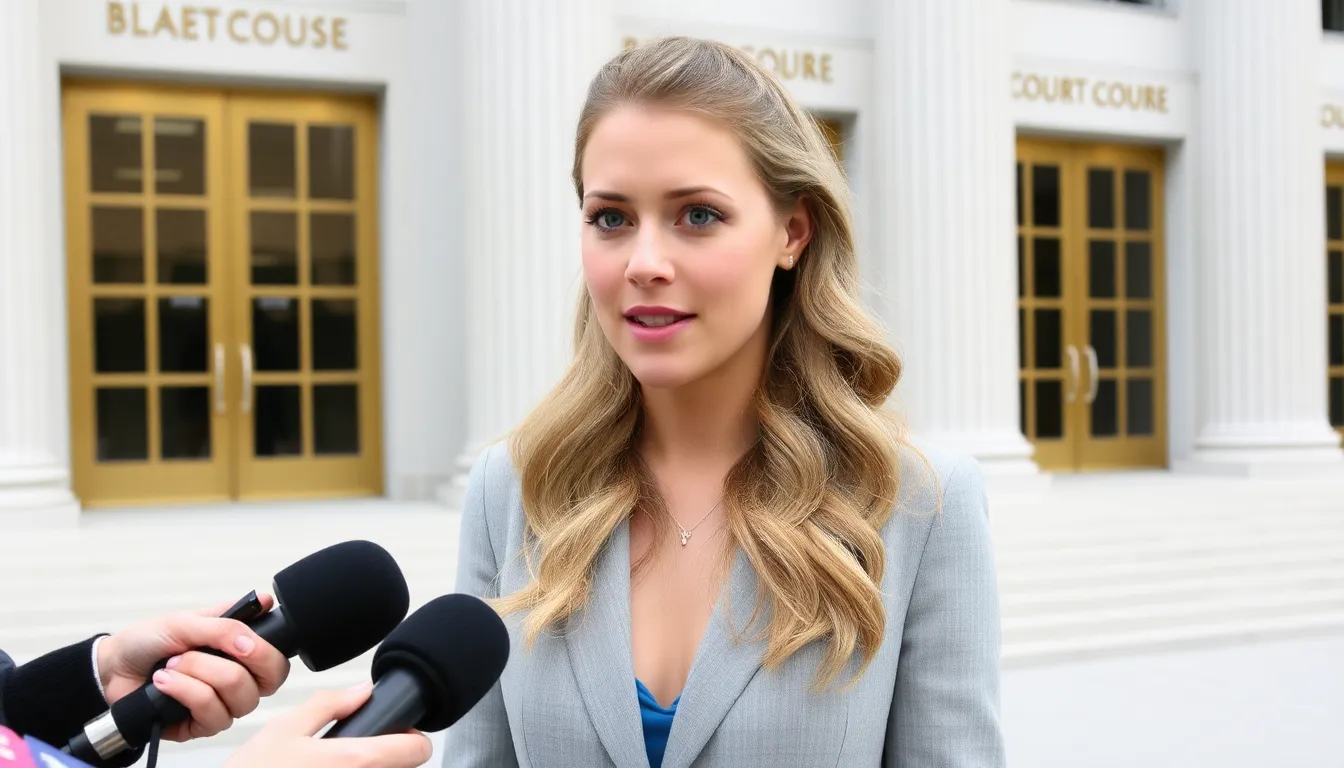 Blake Lively stands outside the courthouse, flanked by supporters, as she addresses the media about her legal battle against digital violence.