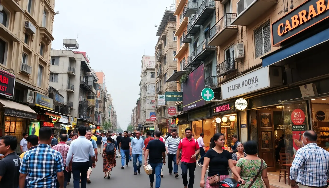 Crowds of commuters navigate a busy street in Mumbai, surrounded by towering skyscrapers and ongoing construction projects that reflect the city's rapid urban development.