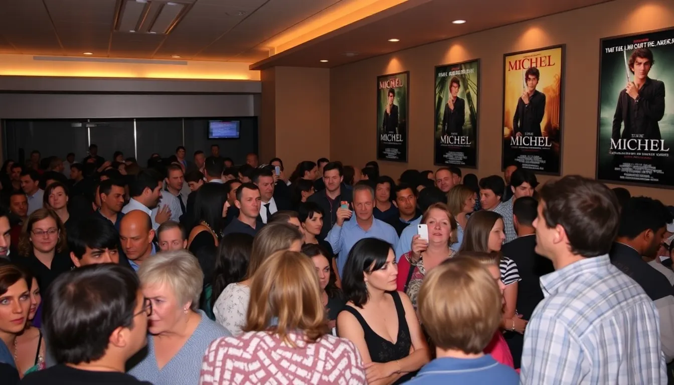 A crowded theater audience eagerly watches a blockbuster film, with bright lights illuminating the screen and popcorn in hand.