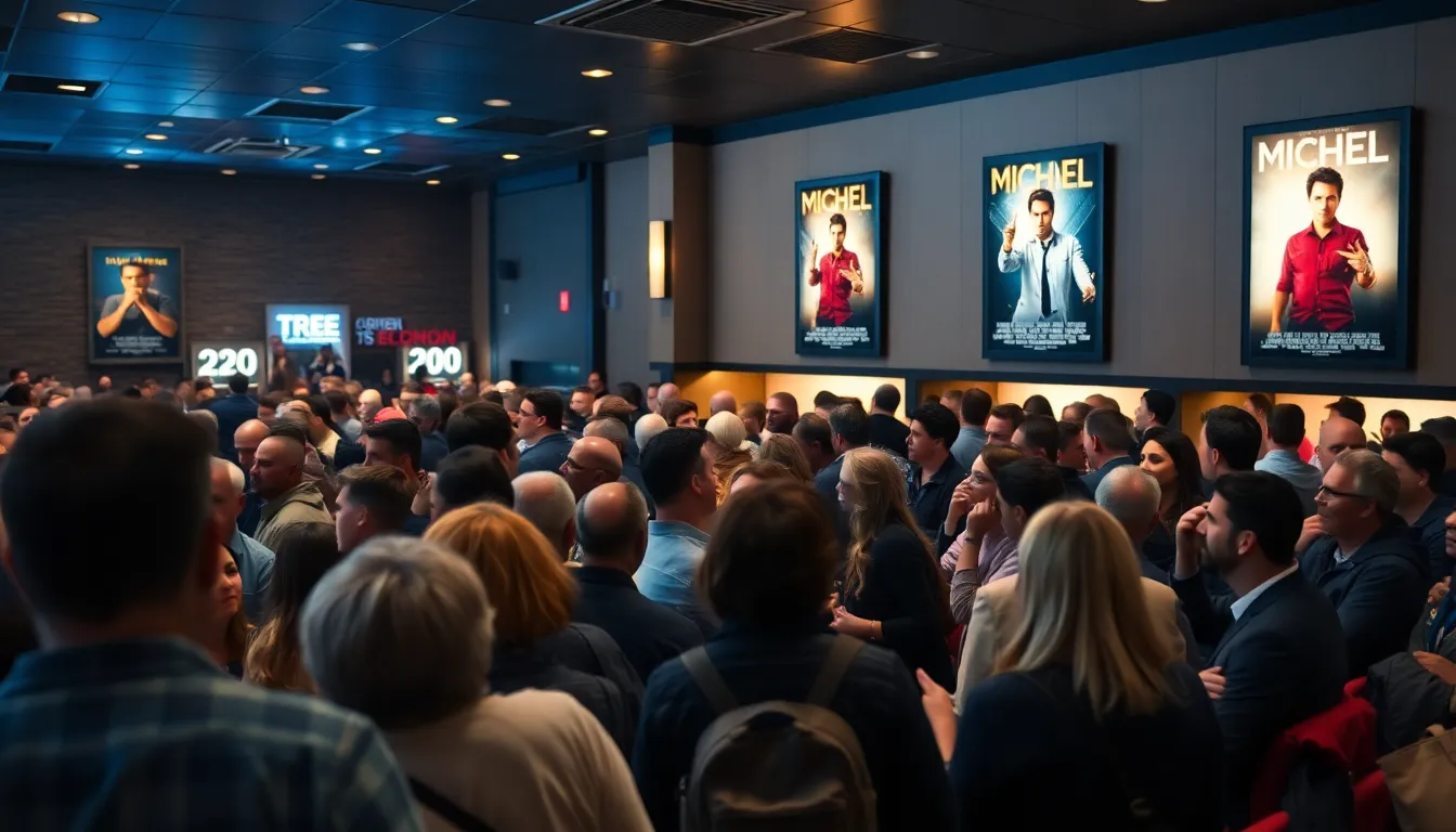 A bustling movie theater filled with eager audiences, highlighting the resurgence of box office revenues as viewers return to cinemas postpandemic