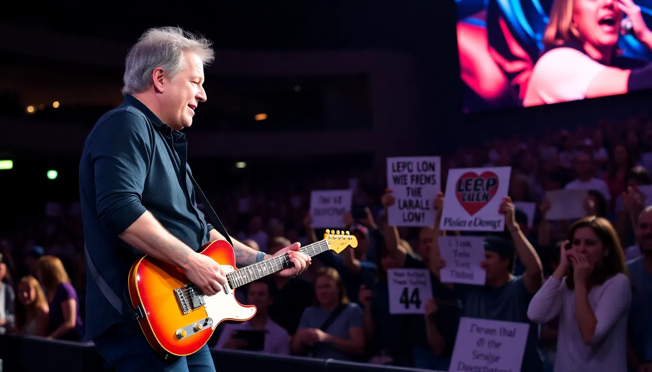 Bruce Springsteen performs passionately on stage at the Forum in Los Angeles, engaging the audience with a mix of classic hits and new songs that address contemporary social issues.
