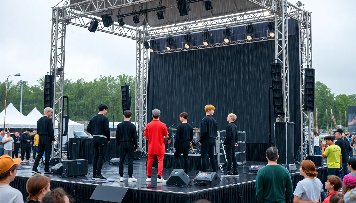 Fans of BTS gather under umbrellas, braving heavy rain as they eagerly await the start of the group's world tour concert in Seoul, South Korea.