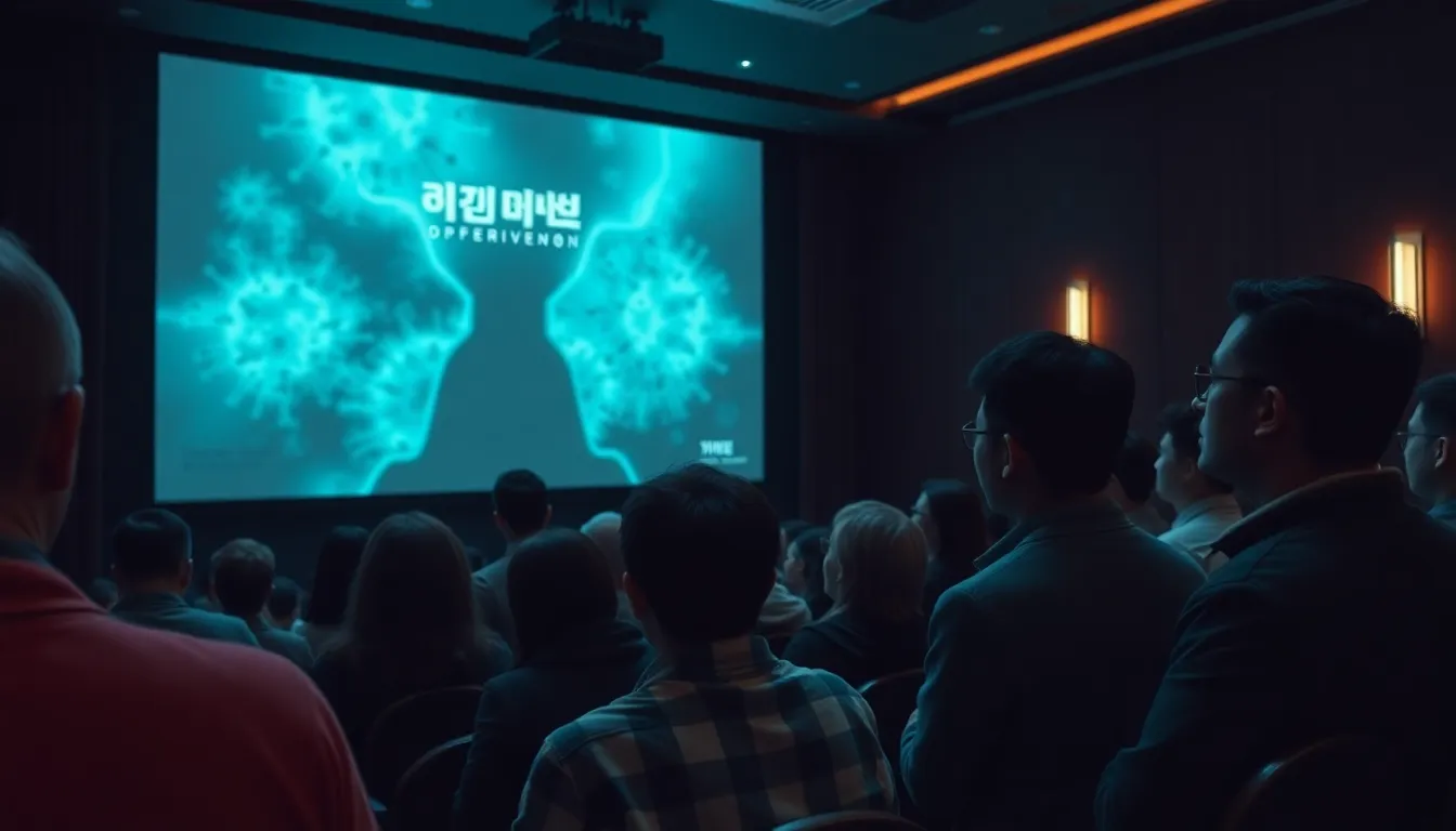 A group of film enthusiasts gathers outside a cinema, eagerly discussing the newly released trailer for Yeon Sangho's upcoming film Colony, which is set to premiere at the Cannes Film Festival.