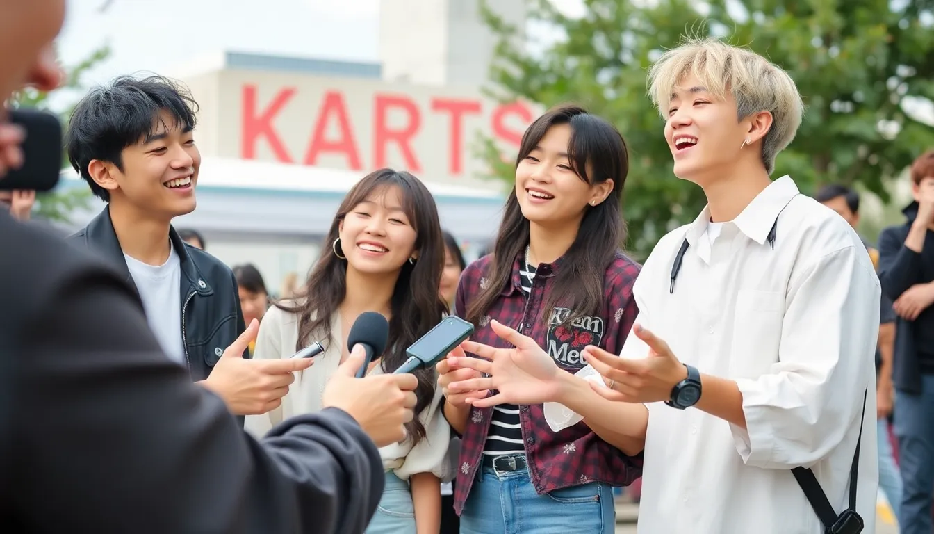 A crowd of enthusiastic fans gathers outside a music venue, eagerly awaiting the announcement of Katseye's new EP release and upcoming tour dates.