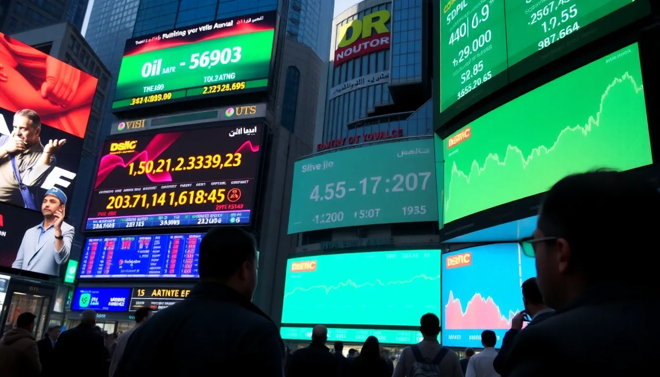 Traders monitor stock market screens displaying rising indices and declining oil prices in a bustling financial district following a ceasefire agreement in the Middle East.