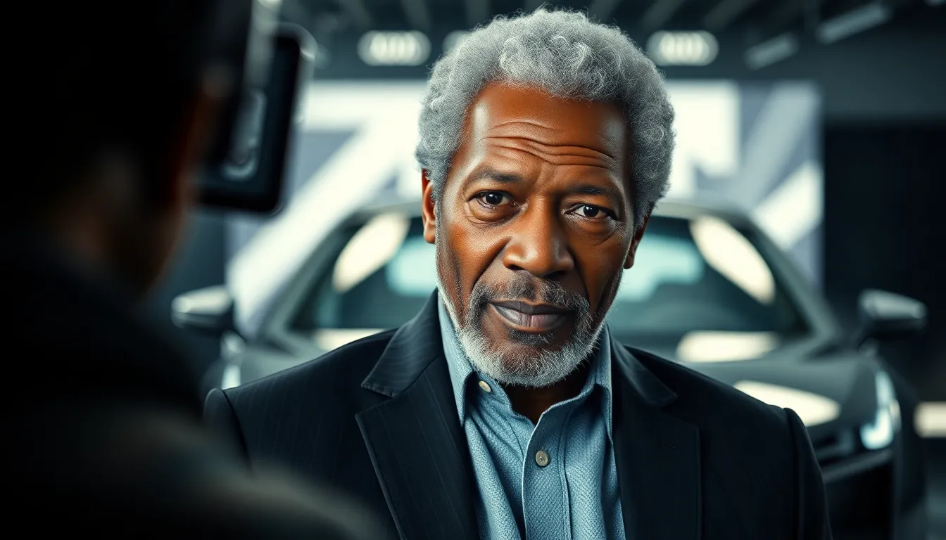 Morgan Freeman stands confidently beside a sleek Audi vehicle, embodying luxury and sophistication while promoting Chase Infiniti's new commercial.