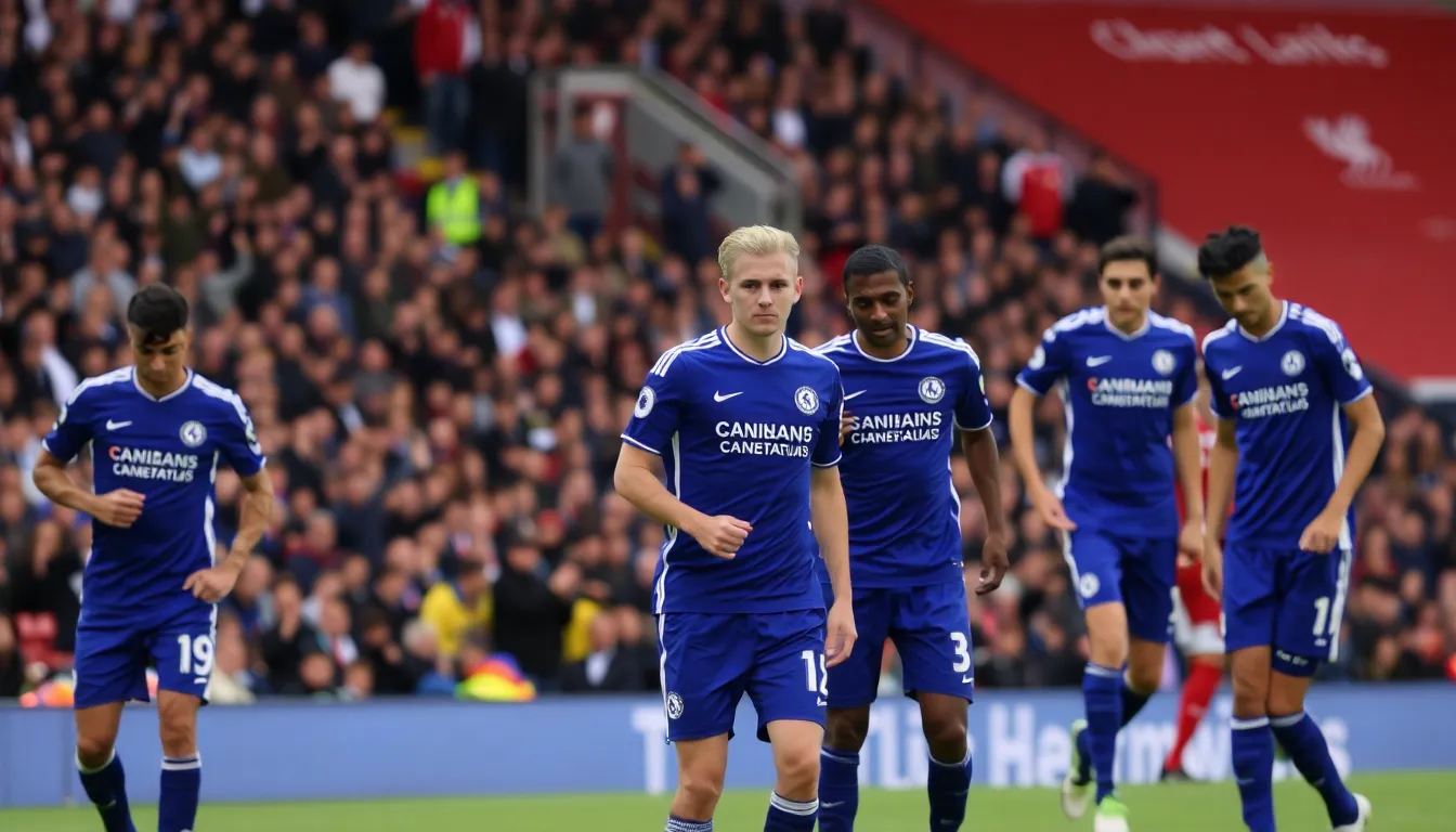 Chelsea players huddle on the pitch during a tense moment in their recent match against Newcastle, showcasing their determination to improve after a series of inconsistent performances.