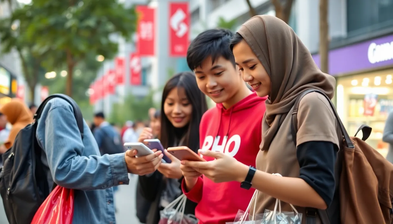 A group of young Indonesians enthusiastically discusses their favorite Chinese tech brands in a bustling café, showcasing the growing influence of these companies in the local market.