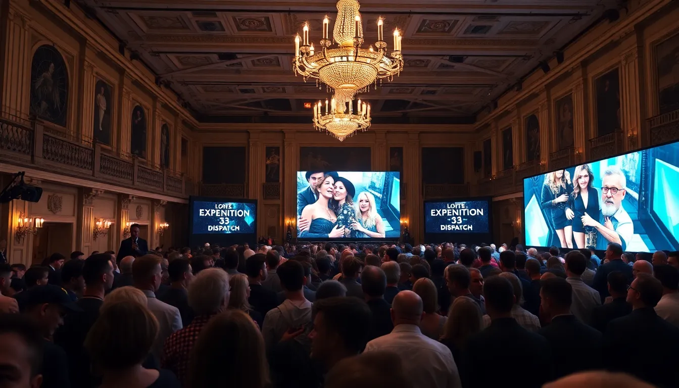 A group of elegantly dressed attendees mingles at the BAFTA Awards 2026, with a large banner displaying the event's logo prominently in the background.