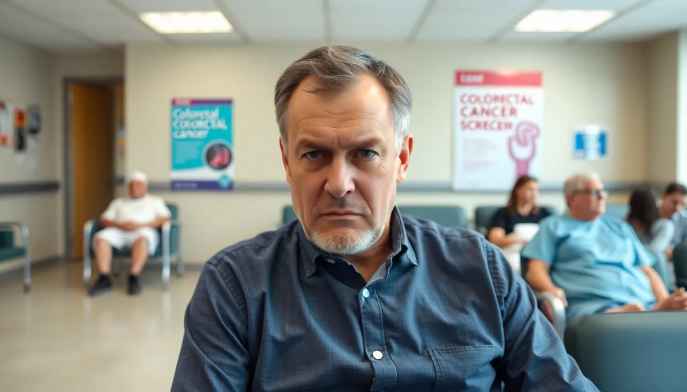 A group of healthcare professionals discusses bowel cancer awareness and screening strategies at a community health event, with informational brochures and banners displayed in the background.