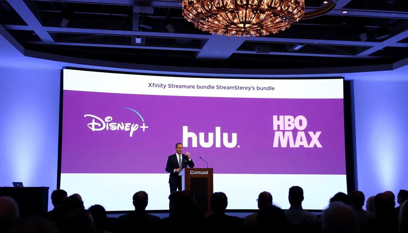 Comcast representatives announce the launch of new Xfinity StreamSaver bundles featuring Disney+, Hulu, and HBO Max during a press conference.