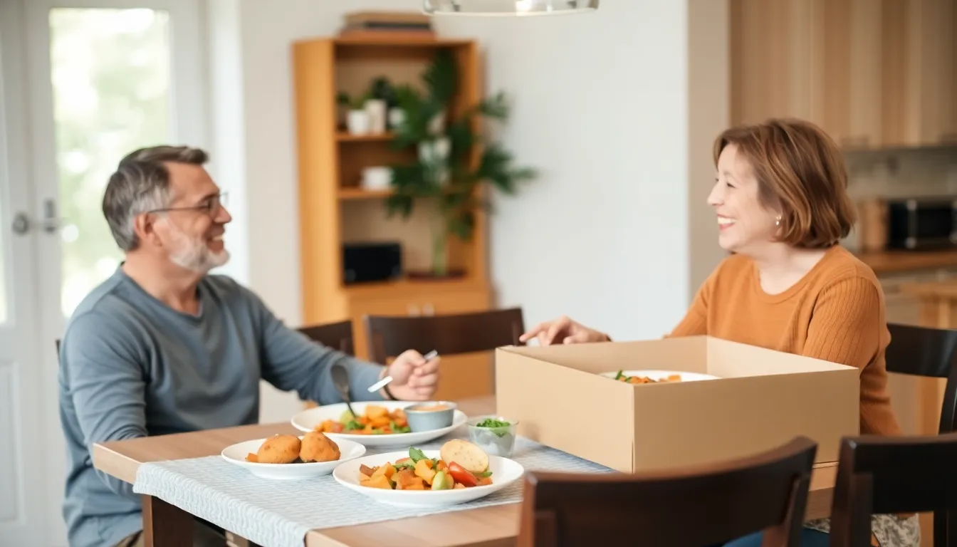 A couple sits comfortably on their couch, enjoying a meal from a food delivery service while watching a movie together at home.