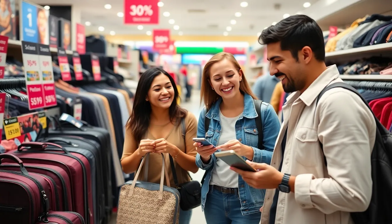 A shopper examines a selection of stylish Away bags displayed in a retail store, highlighting the current credit card promotion that offers significant savings on travel accessories.
