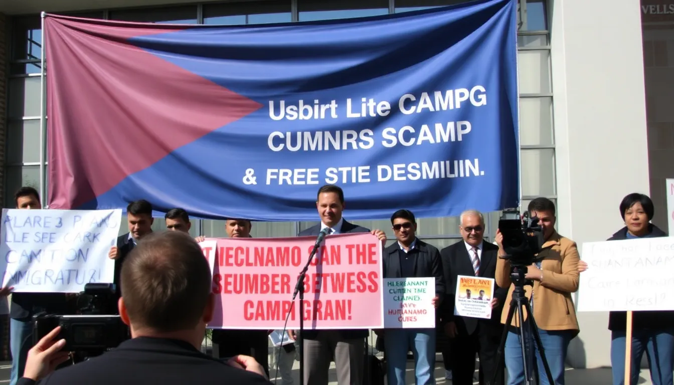 A group of protesters holds signs outside a government building, voicing their opposition to the proposed detention facility for Cuban migrants at Guantánamo Bay.