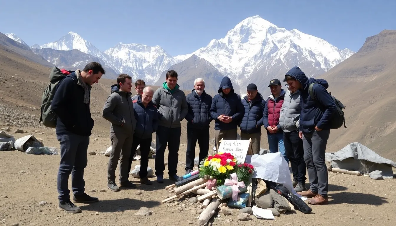 A group of trekkers navigates a rugged Himalayan trail surrounded by towering snowcapped peaks, reflecting the breathtaking landscapes Doug Allan often captured in his wildlife documentaries.