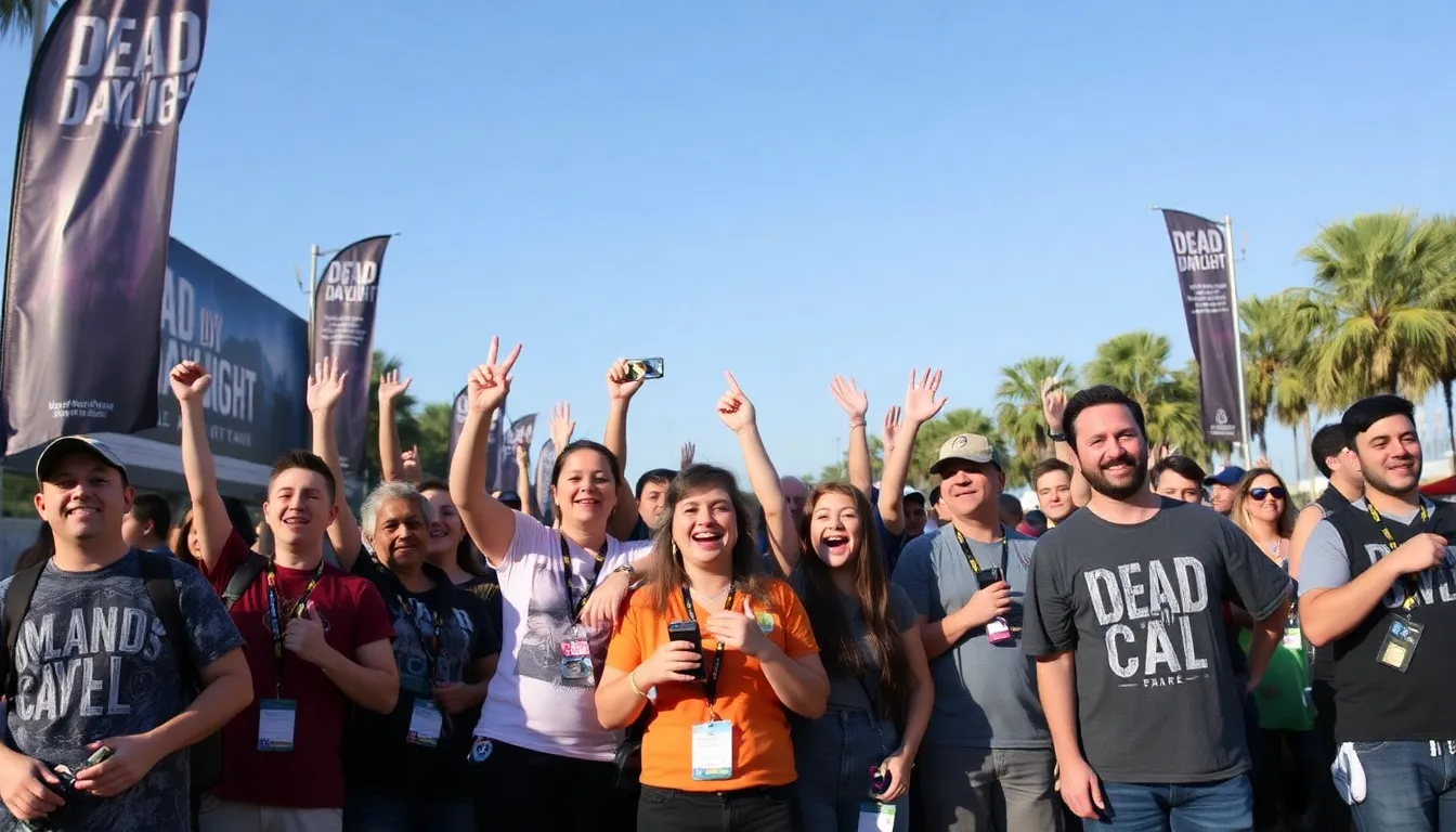 A group of gamers excitedly discusses the upcoming Dead by Daylight crossover event featuring Attack on Titan characters, surrounded by posters and merchandise from both franchises.