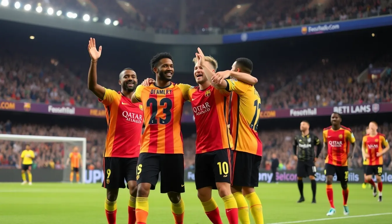 Ousmane Dembélé celebrates after scoring his second goal during the UEFA Champions League match at Anfield, as Liverpool faces elimination from the tournament.