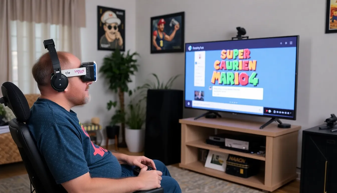 A disabled Twitch streamer celebrates their successful completion of Super Mario 64 using eyetracking technology, surrounded by supportive fans and fellow gamers during a live streaming event.