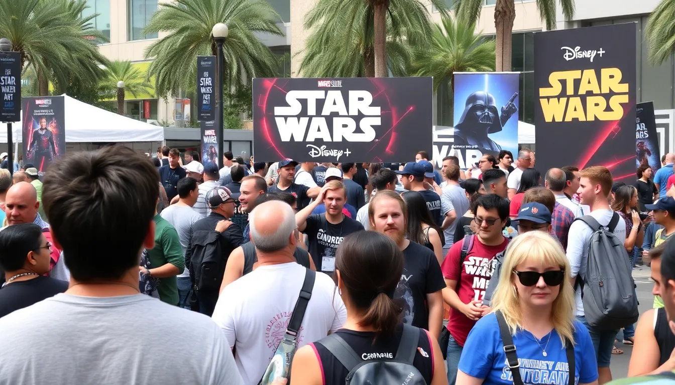 A promotional event showcases the upcoming releases on Disney+, featuring banners and displays highlighting the liveaction adaptation of "The Little Mermaid" and the new Marvel series "Young Avengers."