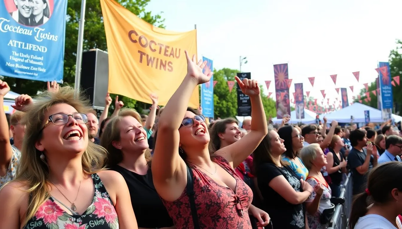 A crowd of enthusiastic fans gathers outside a concert venue, eagerly awaiting the start of a tribute show celebrating the music of Cocteau Twins.