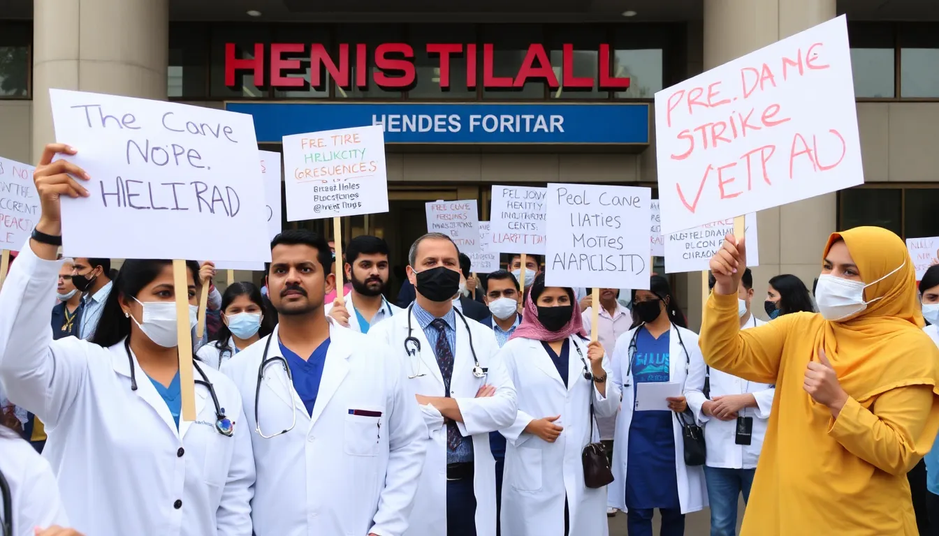 A group of doctors in white coats holds signs advocating for better working conditions during a protest outside a hospital, as passersby observe the demonstration.