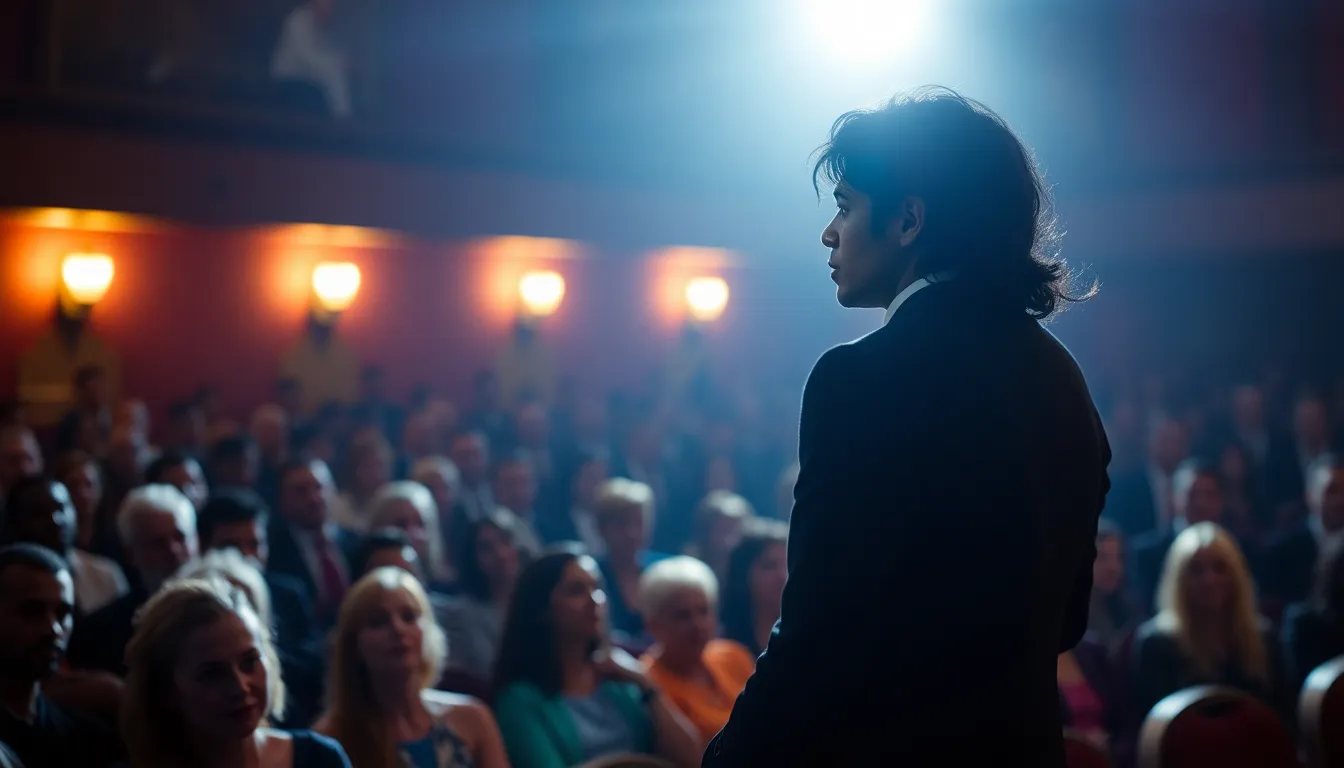 Jaafar Jackson stands on stage at the premiere of the biopic "Michael," surrounded by fans and media, as he prepares to address the audience about his portrayal of his legendary uncle, Michael Jackson.