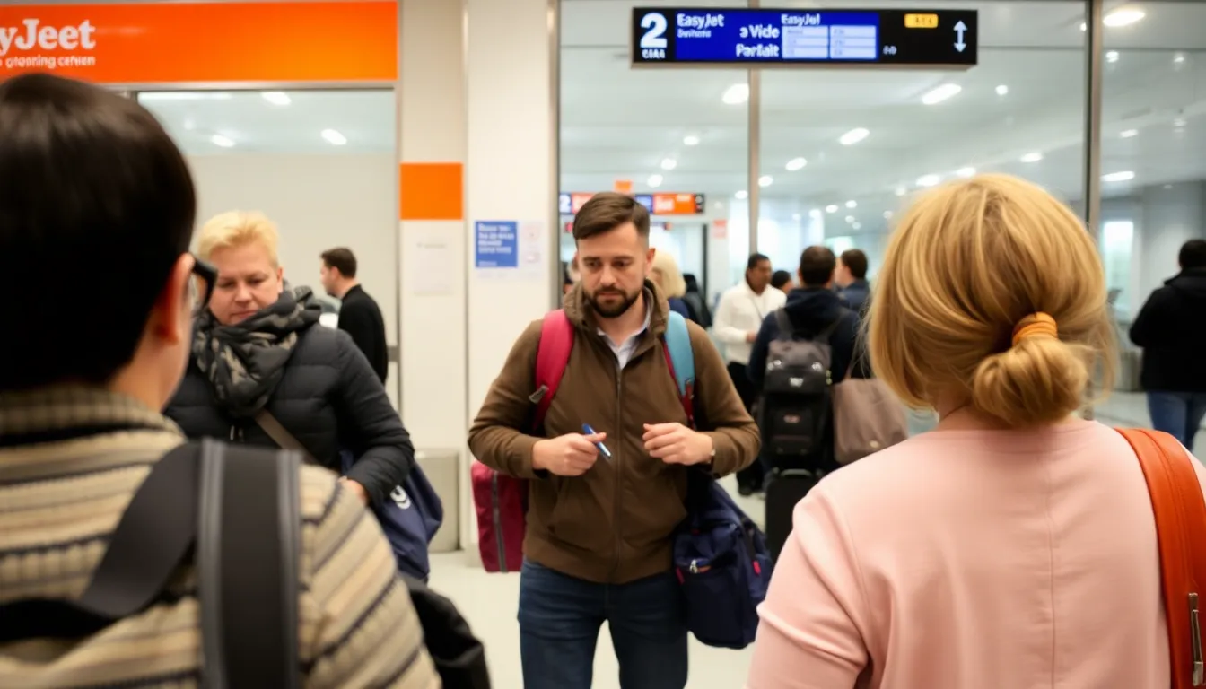Travelers stand in a long queue at an EU border control point, visibly frustrated as they wait to be processed amid reports of significant delays.