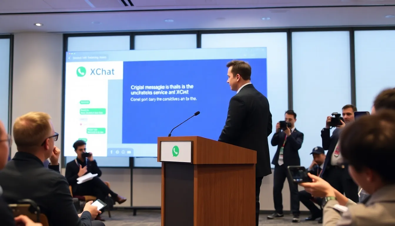 A group of people gathered around a table at a tech conference, discussing the implications of Elon Musk's new messaging platform XChat and its privacy policies.