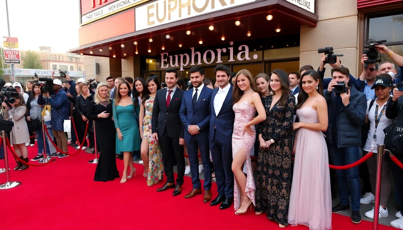 Zendaya, Jacob Elordi, and Hunter Schafer arrive on the red carpet at the Regency Village Theatre in Los Angeles, showcasing their stylish outfits amid a crowd of excited fans at the Euphoria season three premiere.