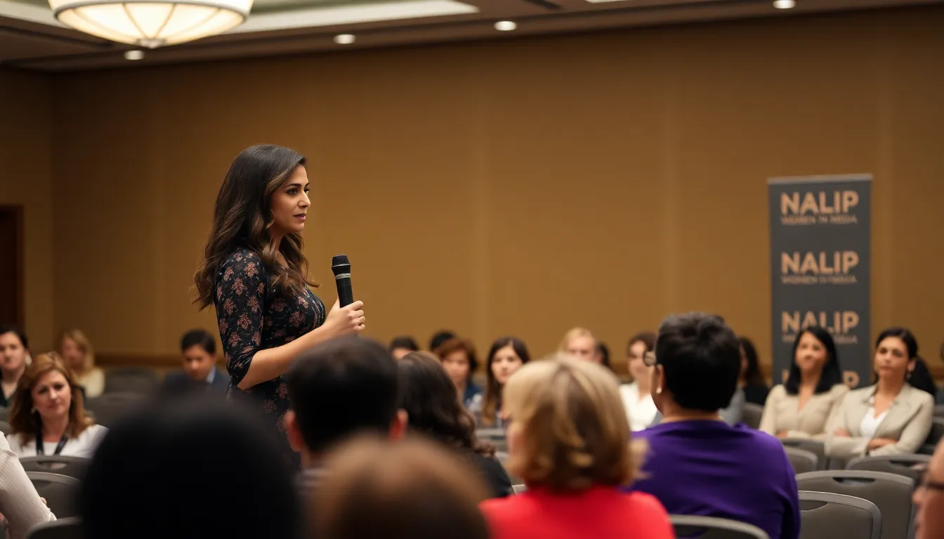 Eva Longoria speaks passionately at a podium during the Diverse Women in Media Forum, surrounded by an audience of industry professionals engaged in discussion about representation in media.
