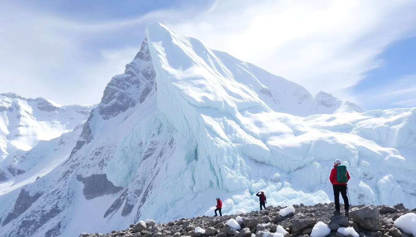 Climbers gather at a base camp, discussing the implications of the glacier blockage and the potential risks of alternative routes on their ascent