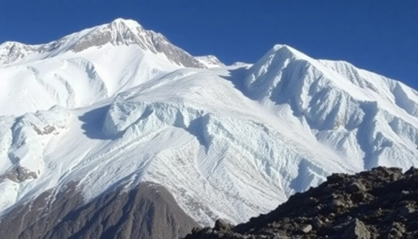 A panoramic view of Mount Everest reveals the stark contrast between its majestic peak and the precarious glacier conditions affecting climbers' access